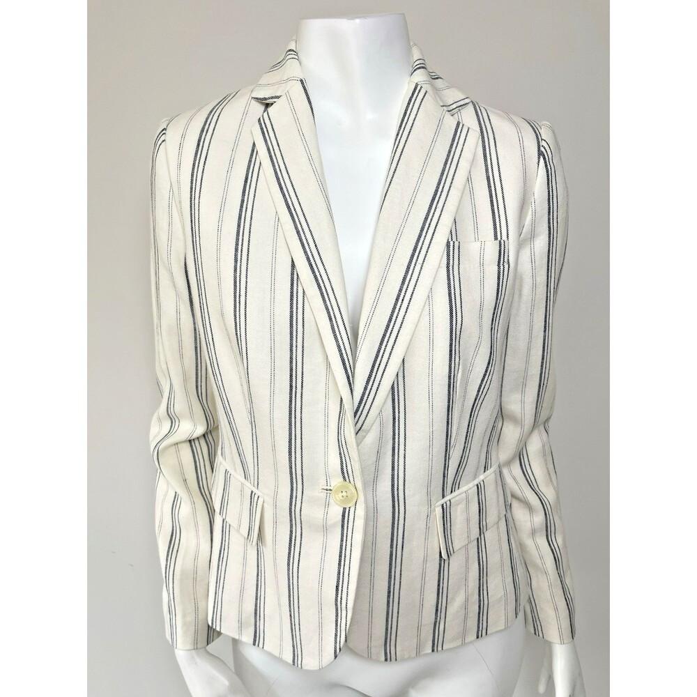 Lauren‎ Ralph Lauren Cream Striped Linen-blend Twill Blazer 4P Preppy Career